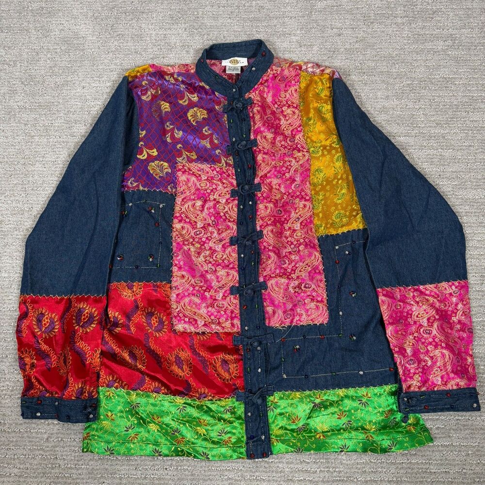 Sandy Starkman Top M Womens Multicolor Patchwork Denim Beads Art Boho Fasteners